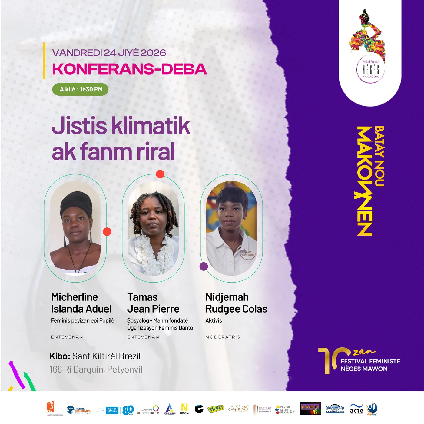 Poster: Konferans-deba, Jistis klimatik ak fanm riral, Friday 24 July 2026, with the three speakers